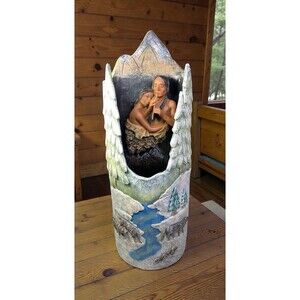 Native American Couple Wolf Mountain Sculpture 12.75" Decorative Lamp Base Figur